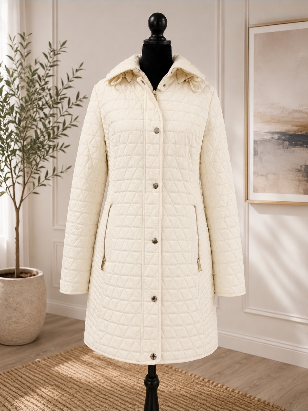 Michael Kors Cream Quilted Puffer Coat Long Hooded Jacket Size Small